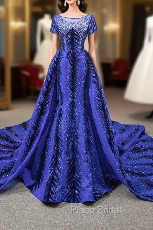 Blue Mermaid Velvet Backless Cap Sleeve Formal Prom Dresses With Removable Train Main image