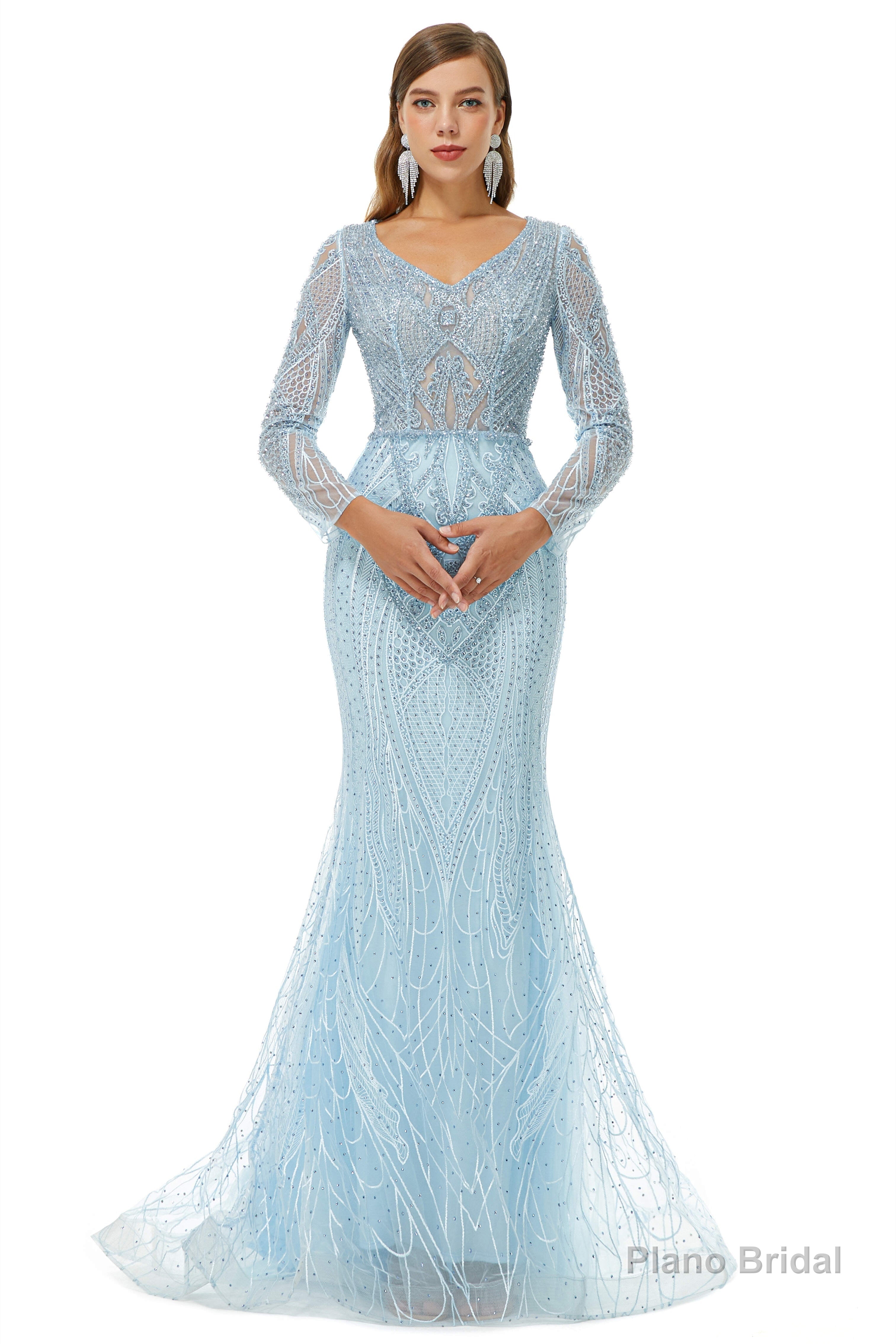 Neckline Long Sleeve Mermaid Lace Pattern Tulle Beading Prom Dresses Main image