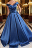 Blue Off Shoulder Satin Long Formal Prom Dresses, Off Shoulder Blue Formal Dresses, Ball Gown, Evening Dresses