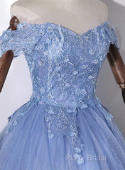 Blue Off Shoulder Tulle Party Dresses With Lace, Long Formal Dresses Sweet 16 Dresses