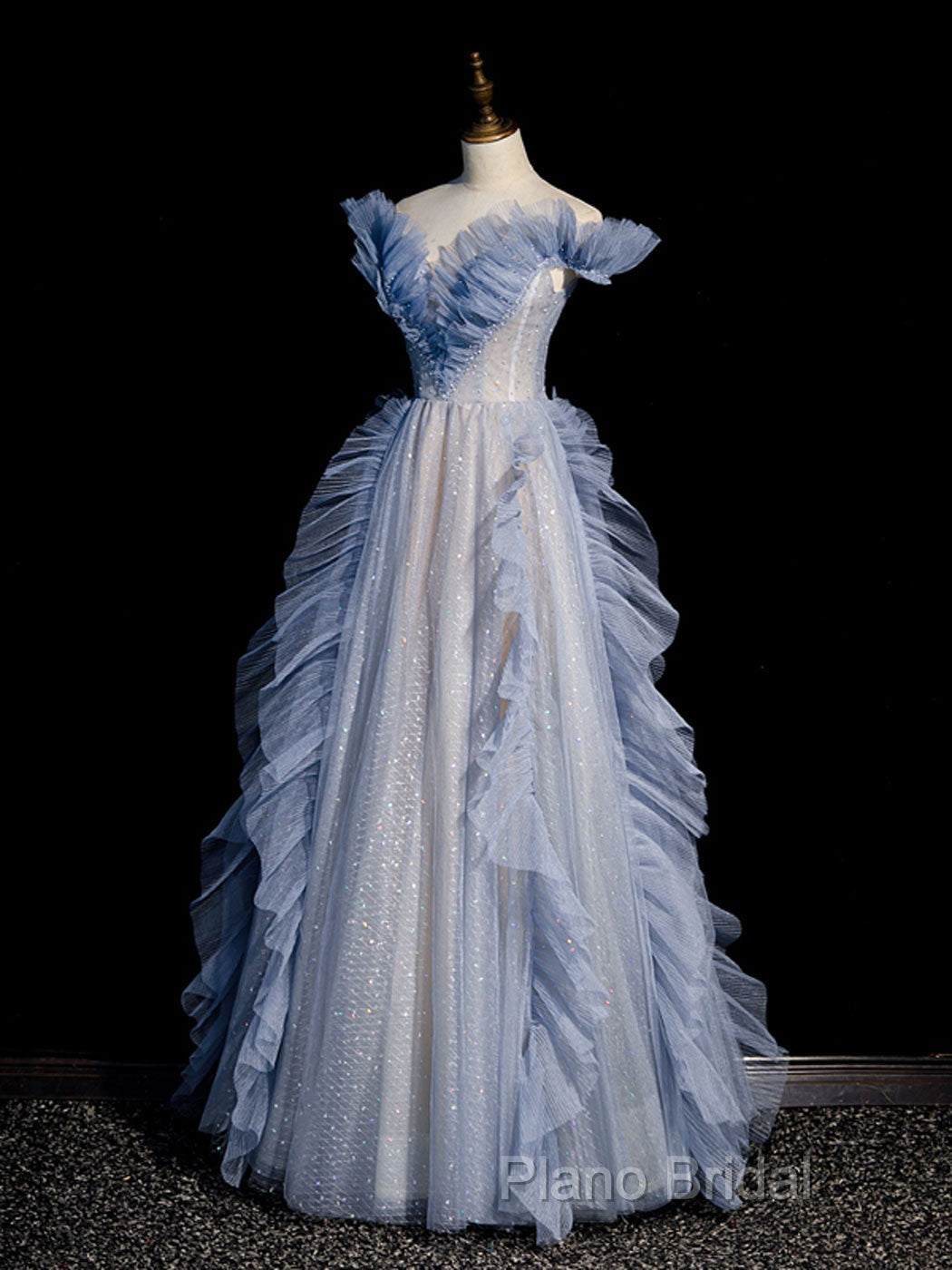 Blue Off Shoulder Tulle Sequin Beading Long Formal Prom Dresses, Blue Formal Dresses