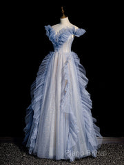 Blue Off Shoulder Tulle Sequin Beading Long Formal Prom Dresses, Blue Formal Dresses