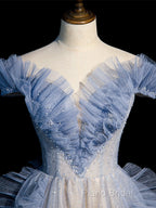 Blue Off Shoulder Tulle Sequin Beading Long Formal Prom Dresses, Blue Formal Dresses