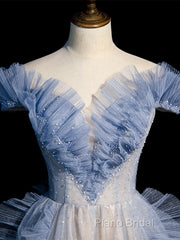 Blue Off Shoulder Tulle Sequin Beading Long Formal Prom Dresses, Blue Formal Dresses