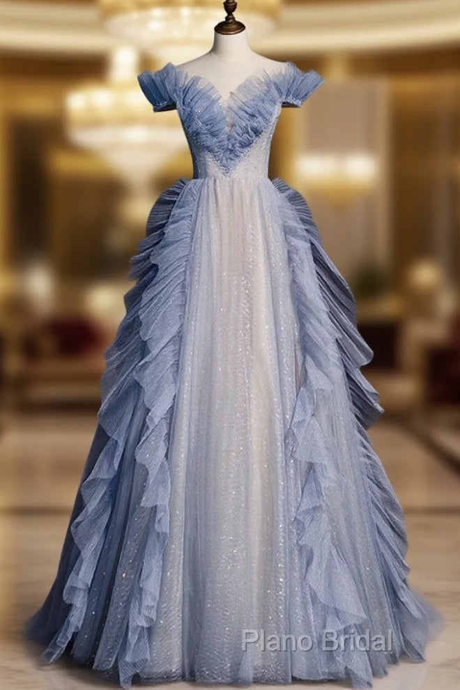 Blue Off Shoulder Tulle Sequin Beading Long Formal Prom Dresses, Blue Formal Dresses Main image