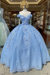 Blue Off The Shoulder Evening Gown, Long Formal Prom Ball Gown Dresses