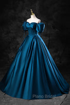 Blue Off the Shoulder Satin Floor Length Formal Prom Dresses with Corset, Blue Evening Party Dresses