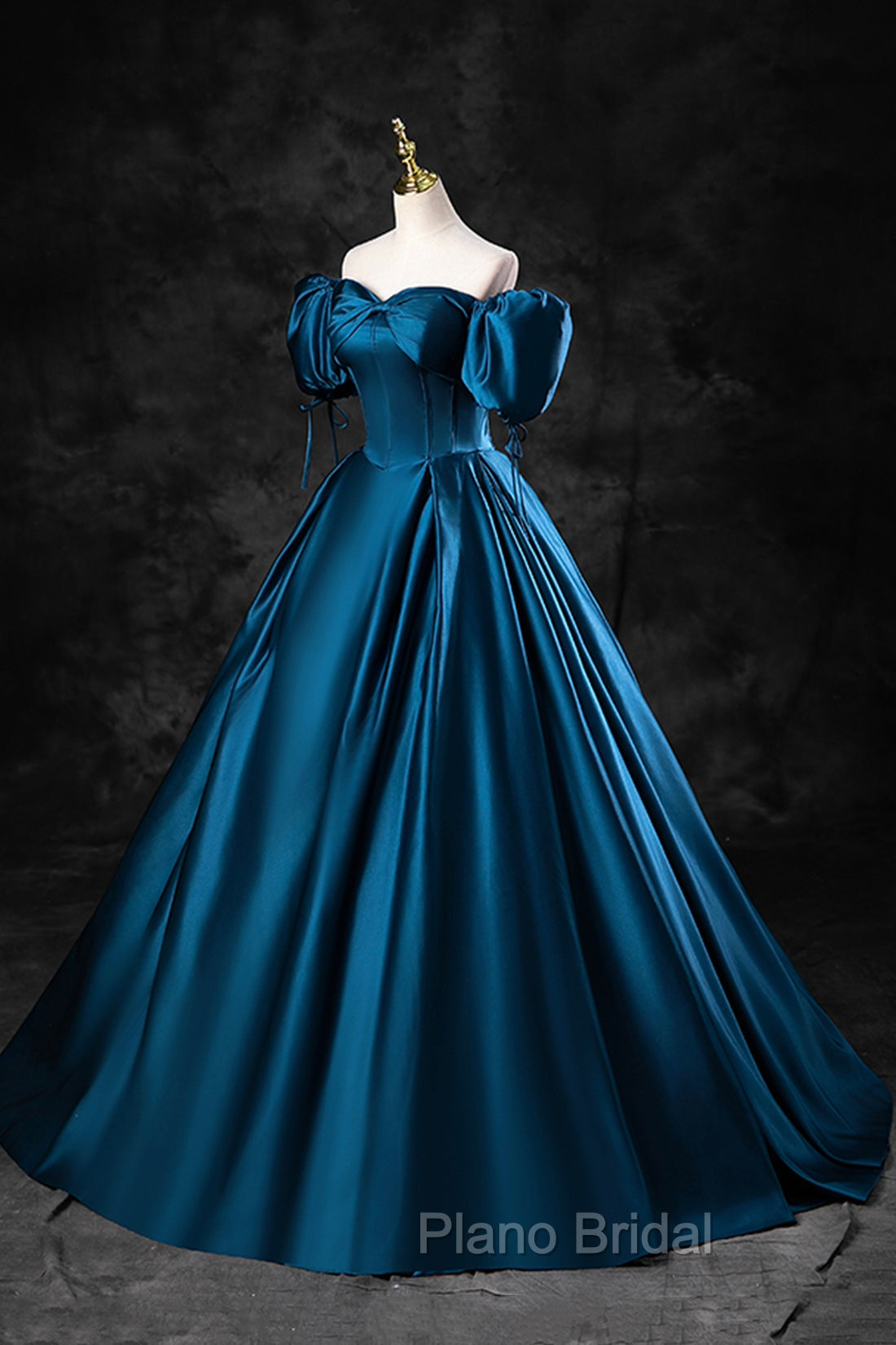 Blue Off the Shoulder Satin Floor Length Formal Prom Dresses with Corset, Blue Evening Party Dresses
