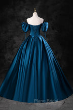 Blue Off the Shoulder Satin Floor Length Formal Prom Dresses with Corset, Blue Evening Party Dresses