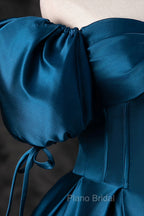 Blue Off the Shoulder Satin Floor Length Formal Prom Dresses with Corset, Blue Evening Party Dresses