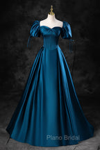 Blue Off the Shoulder Satin Floor Length Formal Prom Dresses with Corset, Blue Evening Party Dresses