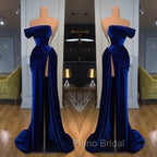 Blue Off-the-Shoulder Velvet Formal Prom Dresses Mermaid Long With Split