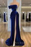 Blue Off-the-Shoulder Velvet Formal Prom Dresses Mermaid Long With Split