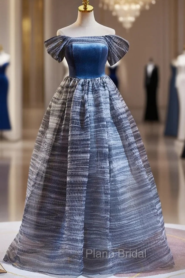 Blue Off the Shoulder Velvet Formal Prom Dresses