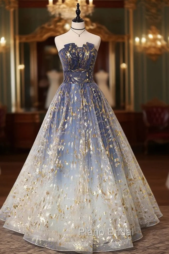 Blue Ombre Long Lace Formal Prom Dresses, Blue Long Lace Tulle Formal Evening Dresses Main image