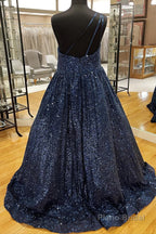 Blue One Shoulder A Line Sequins Prom Dress