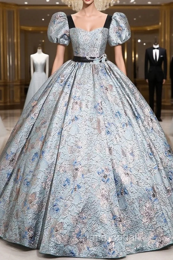 Blue Print Short Sleeve Sequare Neck Quinceanera Dresses Main image