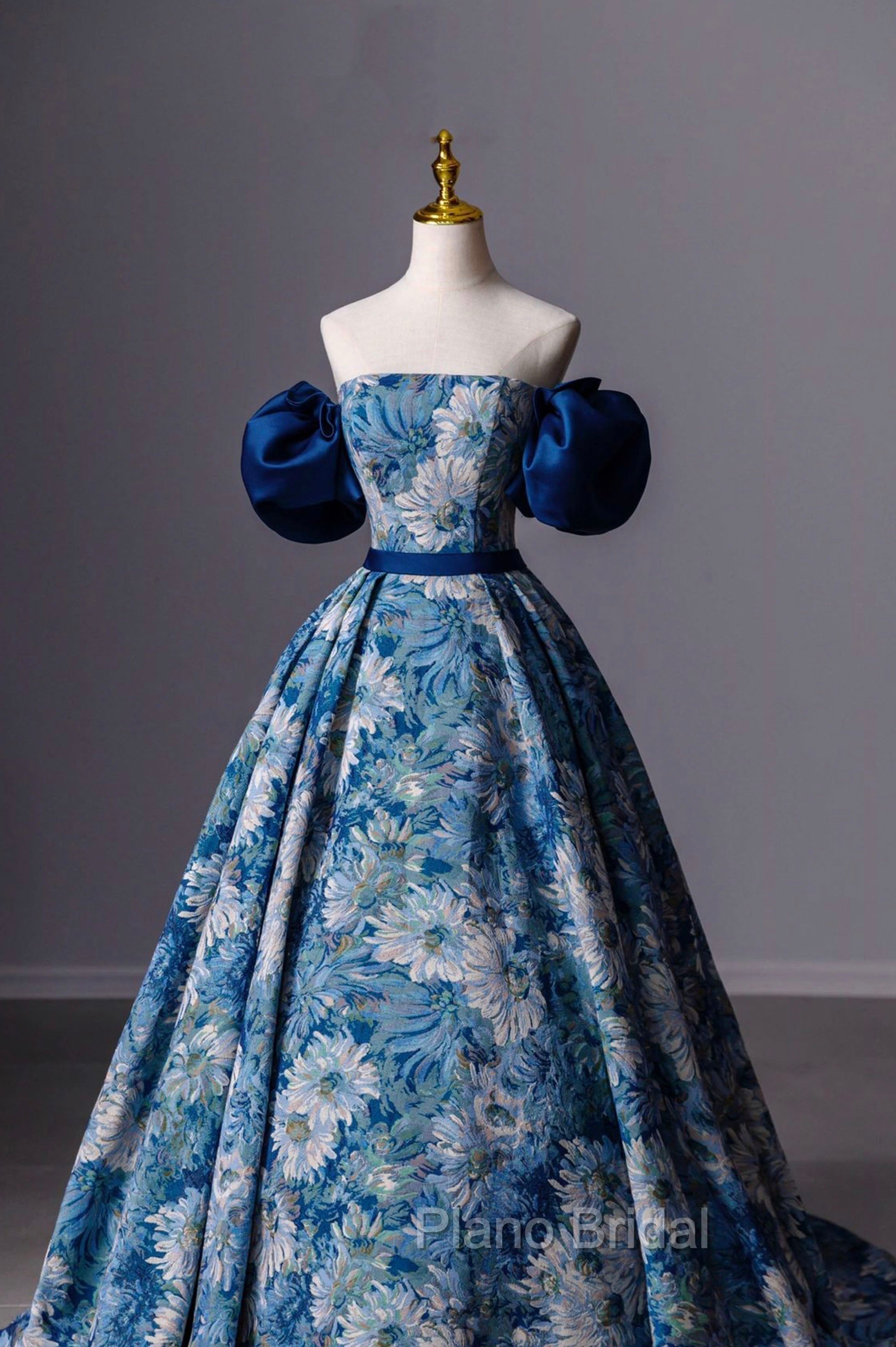Blue Printed Long A-Line Formal Prom Dresses, Blue Off the Shoulder Formal Evening Dresses Secondary image