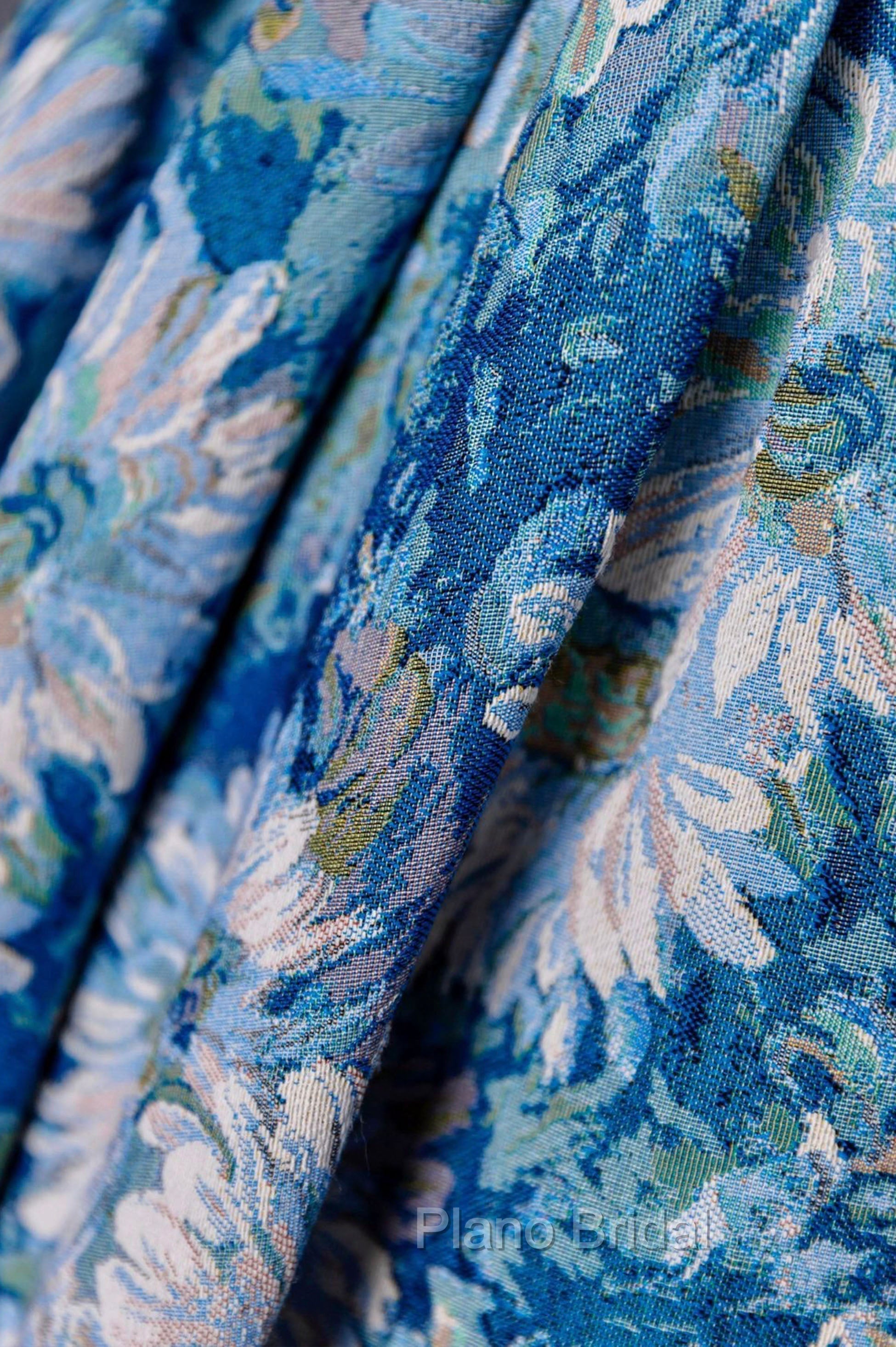 Blue Printed Long A-Line Formal Prom Dresses, Blue Off the Shoulder Formal Evening Dresses