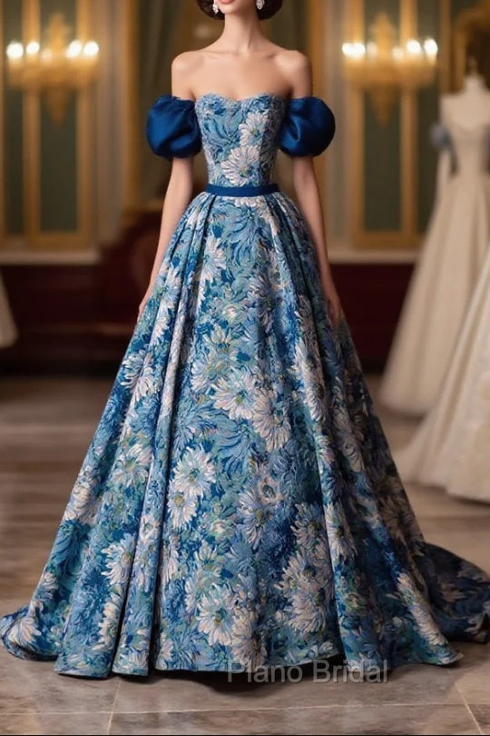 Blue Printed Long A-Line Formal Prom Dresses, Blue Off the Shoulder Formal Evening Dresses Main image