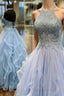 Baby Blue Formal Prom Dress A Line Halter Long Party Evening Dress with Appliques Open Back