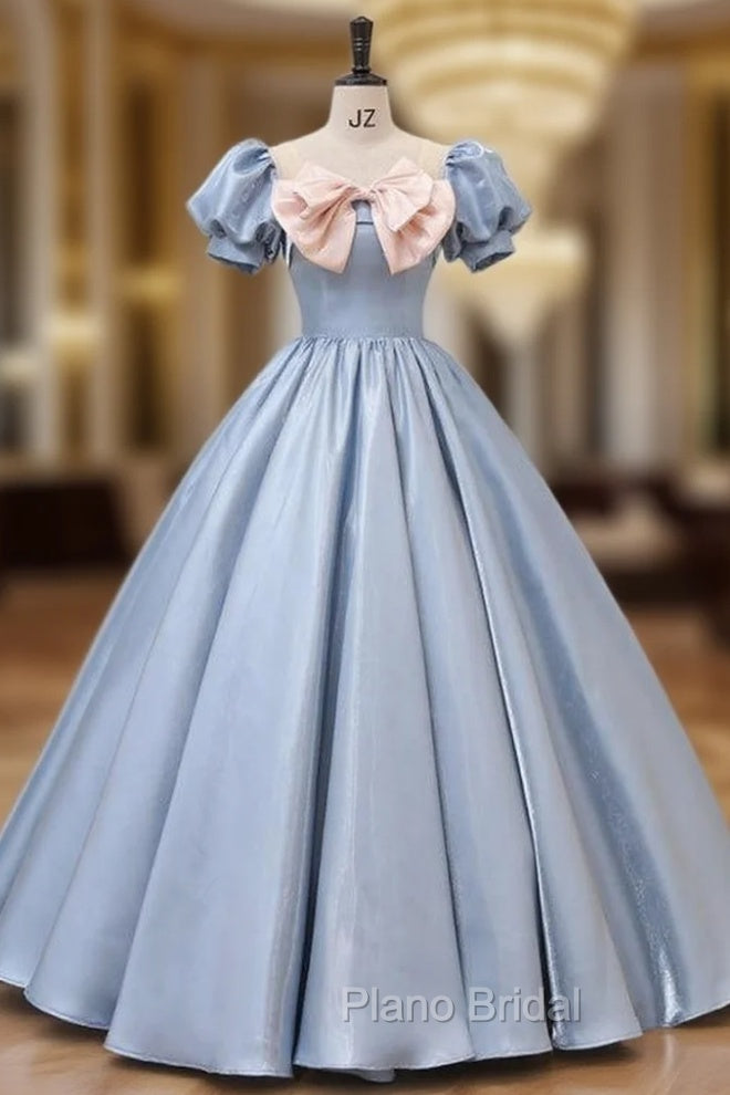 Blue Puff Sleeve Pink Bow Quinceanera Dresses
