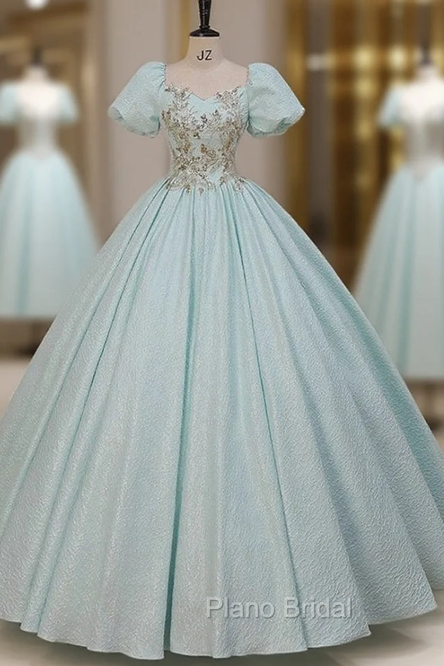 Blue Puff Sleeve Sequins Appliques Quinceanera Dresses