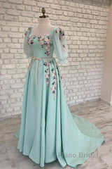 Blue Puffy Sleeve Dresses With 3D Flowers