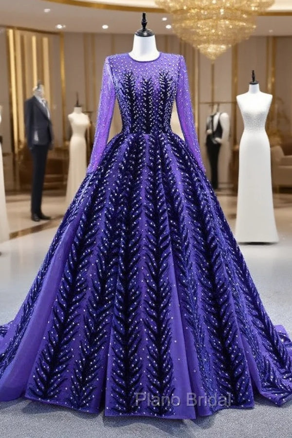Blue Purple Tulle Beading Long Sleeve Formal Prom Dresses Main image
