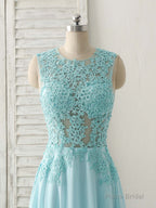 Blue Round Neck Lace Chiffon Long Prom Dress, Blue Long Formal Dresses