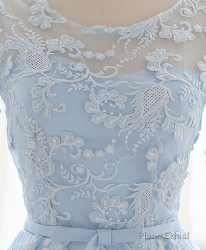 Blue Round Neck Lace Short Prom Dress, Blue Bridesmaid Dress, Homecoming Dress Secondary image