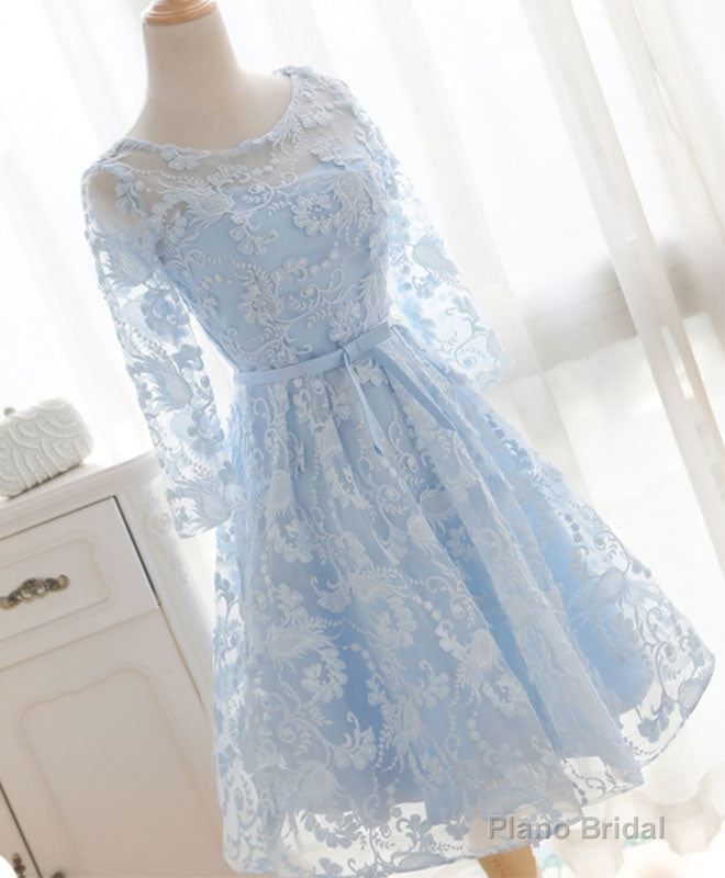 Blue Round Neck Lace Short Prom Dress, Blue Bridesmaid Dress, Homecoming Dress Main image