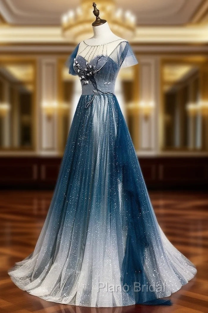 Blue Round Neck Tulle Beads Long Formal Prom Dresses, Blue Evening Dresses Main image