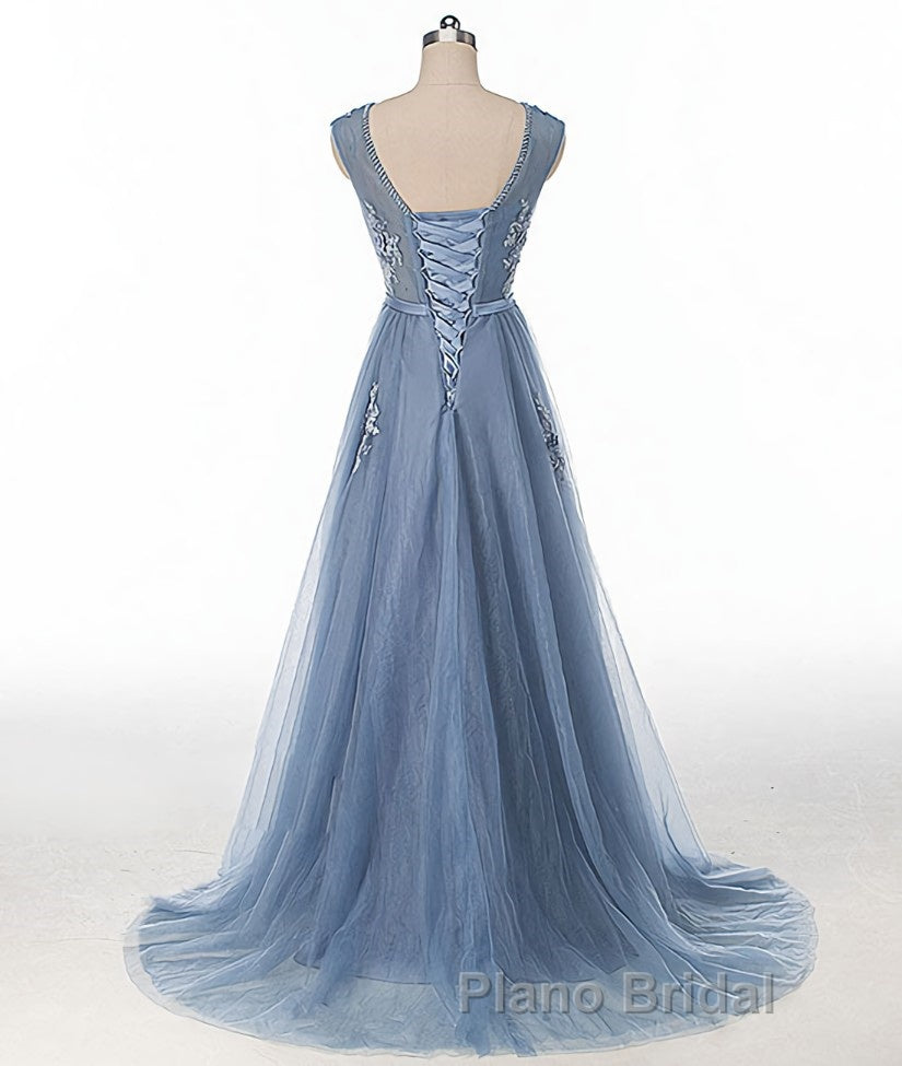 Blue round neck tulle lace applique long Formal Prom dress, blue evening dress