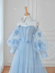 Blue Round Neck Tulle Lace Long Formal Prom Dresses, Blue Tulle Evening Dresses