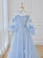Blue Round Neck Tulle Lace Long Formal Prom Dresses, Blue Tulle Evening Dresses