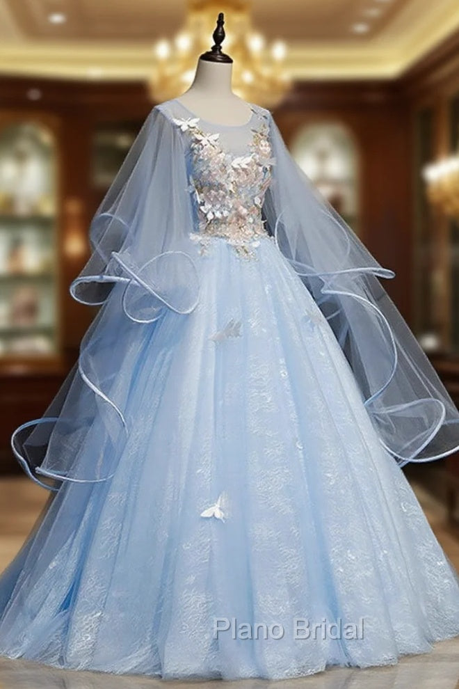 Blue Round Neck Tulle Lace Long Formal Prom Dresses, Blue Sweet 16 Dresses Secondary image