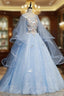 Blue Round Neck Tulle Lace Long Formal Prom Dresses, Blue Sweet 16 Dresses