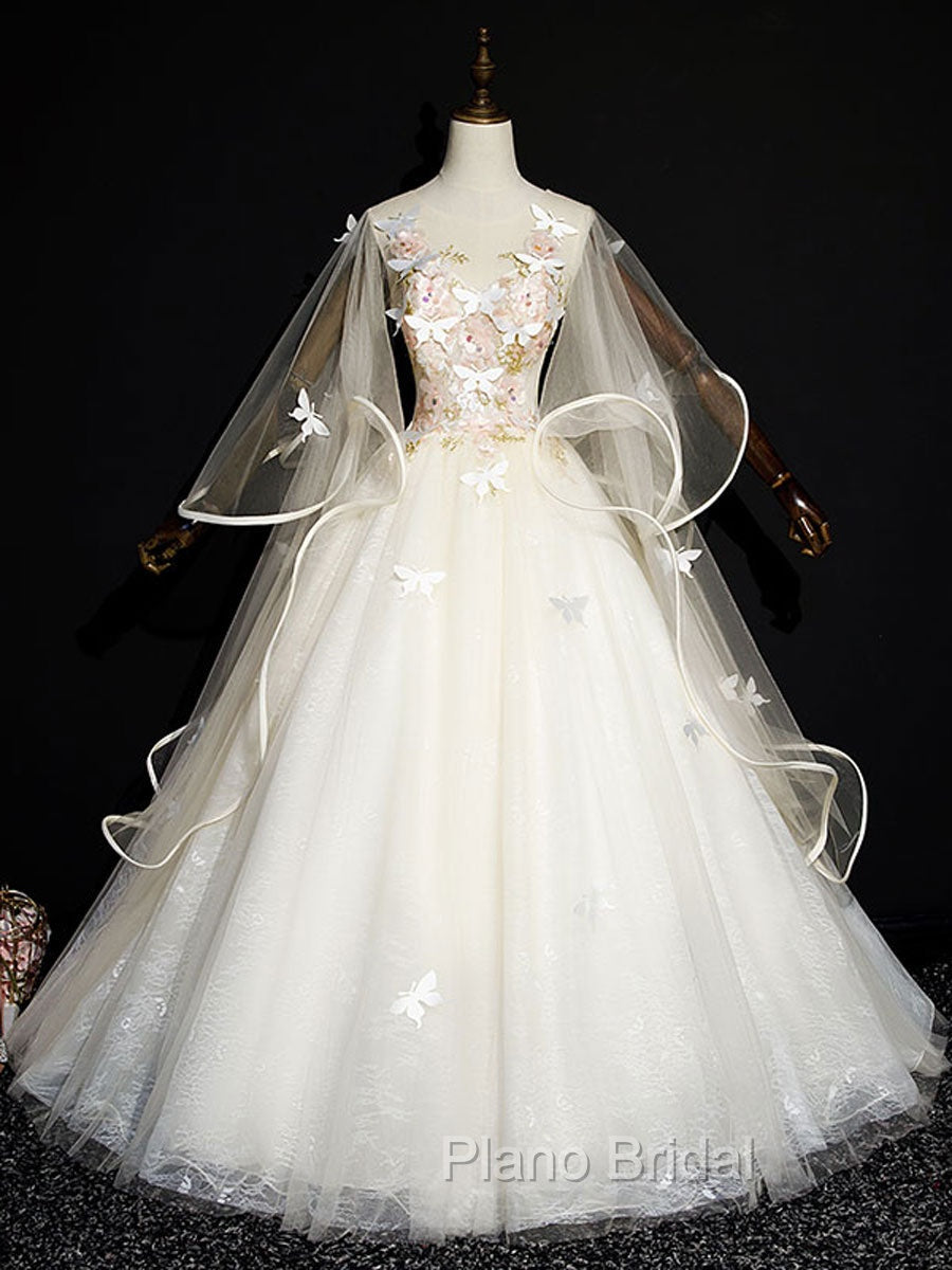 Blue Round Neck Tulle Lace Long Formal Prom Dresses, Blue Sweet 16 Dresses