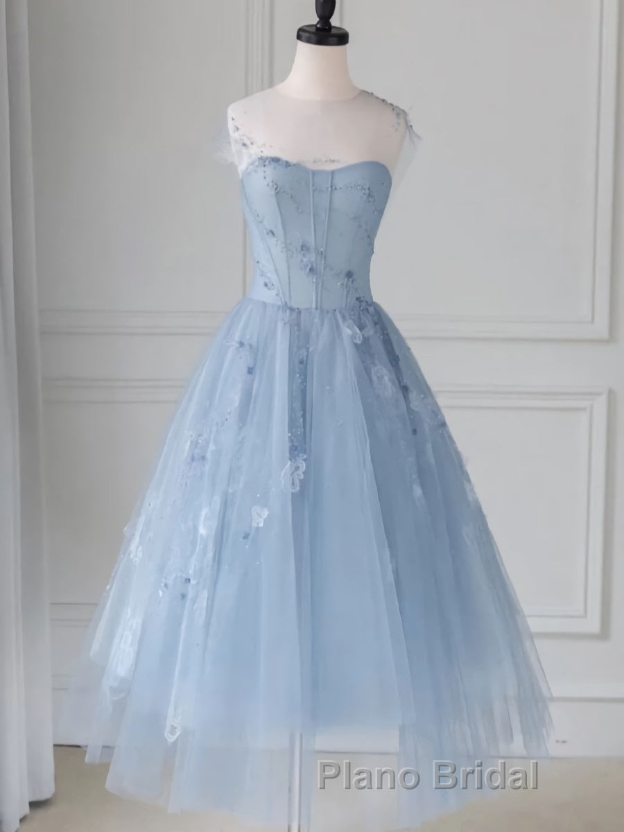 Blue round neck tulle lace short Formal Prom dress, blue homecoming dress