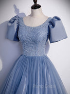 Blue Round Neck Tulle Sequin Beads Long Formal Prom Dresses, Blue Evening Dresses