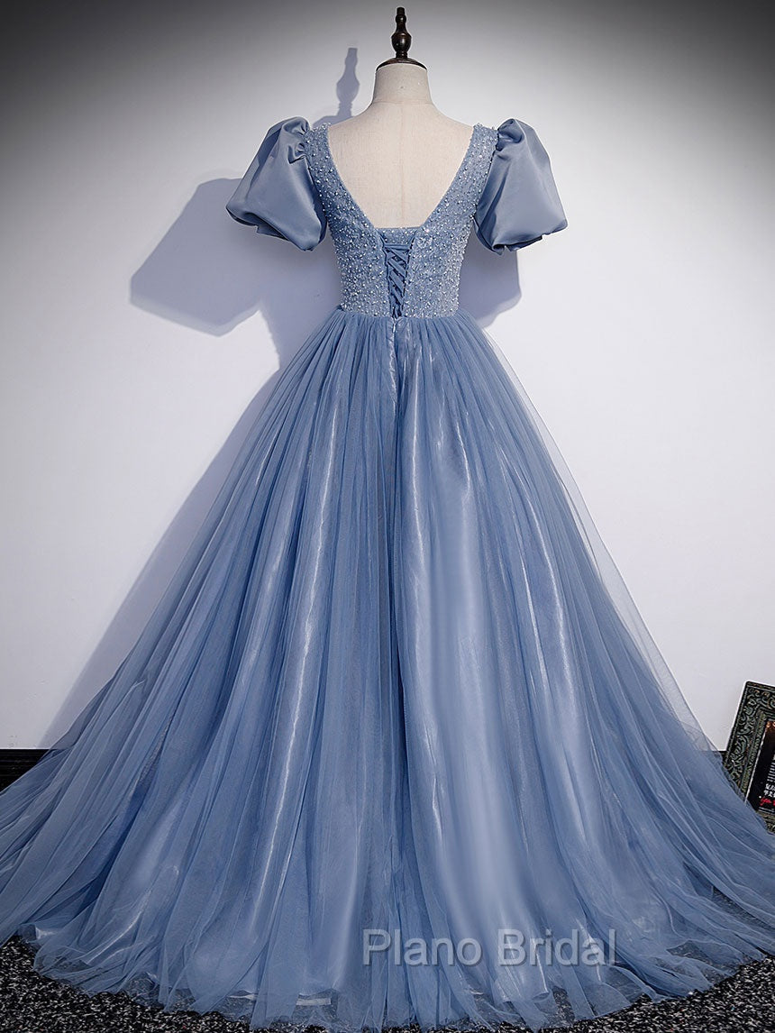 Blue Round Neck Tulle Sequin Beads Long Formal Prom Dresses, Blue Evening Dresses