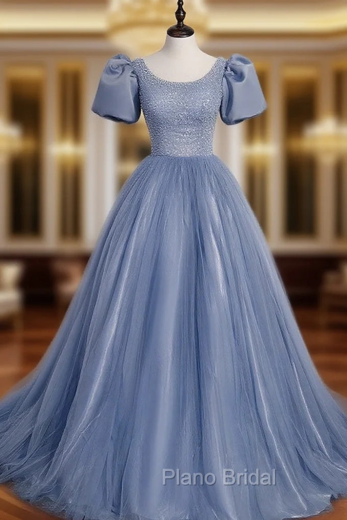 Blue Round Neck Tulle Sequin Beads Long Formal Prom Dresses, Blue Evening Dresses Main image