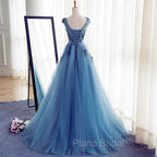 Blue Round Neckline Long Applique Elegant Senior Formal Dresses, Long Party Gowns