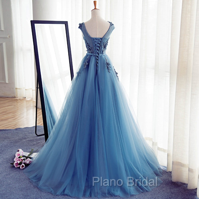 Blue Round Neckline Long Applique Elegant Senior Formal Dresses, Long Party Gowns