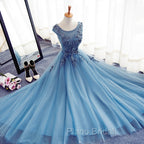 Blue Round Neckline Long Applique Elegant Senior Formal Dresses, Long Party Gowns