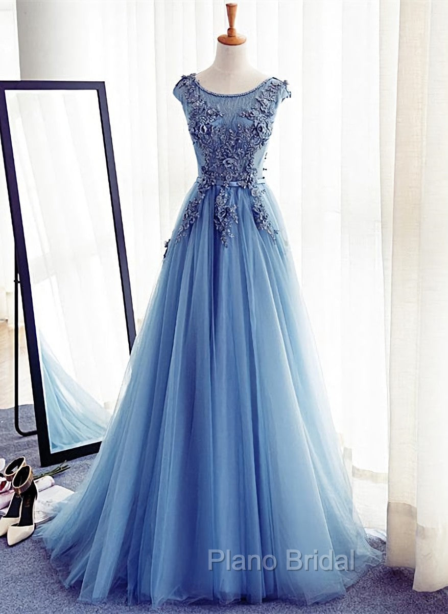 Blue Round Neckline Long Applique Elegant Senior Formal Dresses, Long Party Gowns