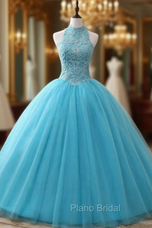 Blue Rulle Lace Appliques High Neck Backless Sweet 15 Dresses