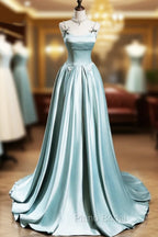 Blue Satin A-line Beaded Long Party Dresses Formal Prom Dresses, Blue Evening Dresses