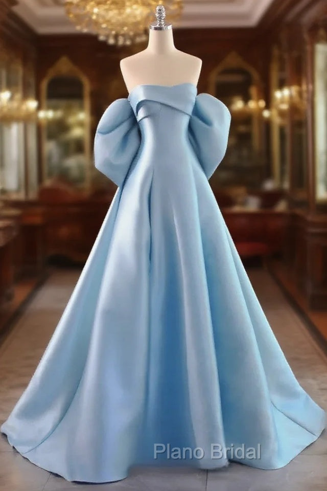 Blue Satin A-line Long Party Dresses, Blue Satin Long Evening Dresses Formal Prom Dresses Main image